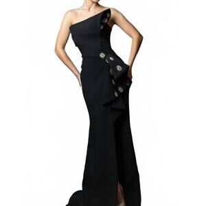 NEW MNM COUTURE asymmetric bow bodice high slit dress in black
